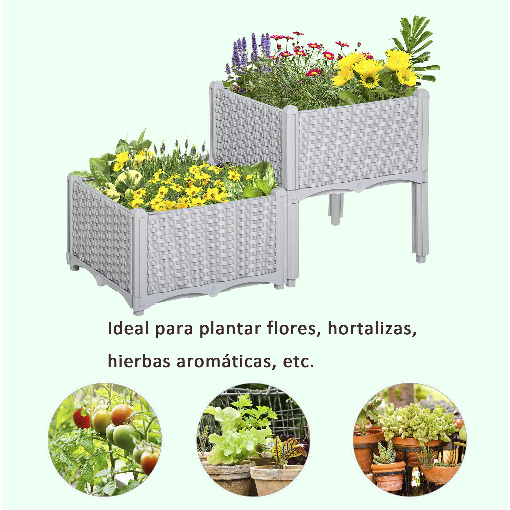 Juego de 2 Jardineras de Exterior Jardineras Cuadradas Imitación a Mimbre Combinación Libre Maceteros para Jardín Patio 40x40x26/44 cm Gris