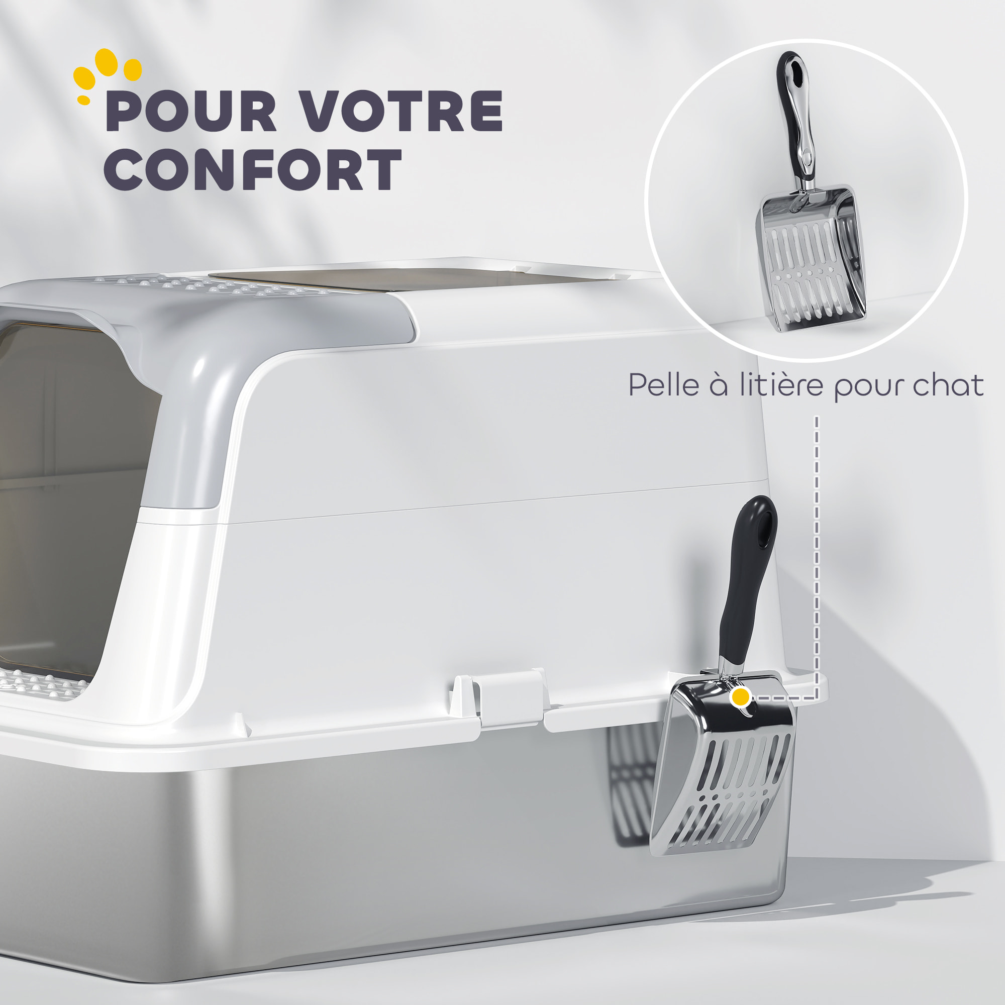 Maison de toilette bac à litière fermé acier inox - pelle, 2 portes, désodorisant - blanc