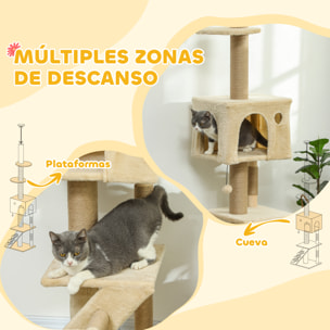 Árbol para Gatos de Suelo a Techo de 225-265 cm Árbol Rascador para Gatos con Altura Ajustable Múltiples Plataformas Escalera Bola Colgante Beige