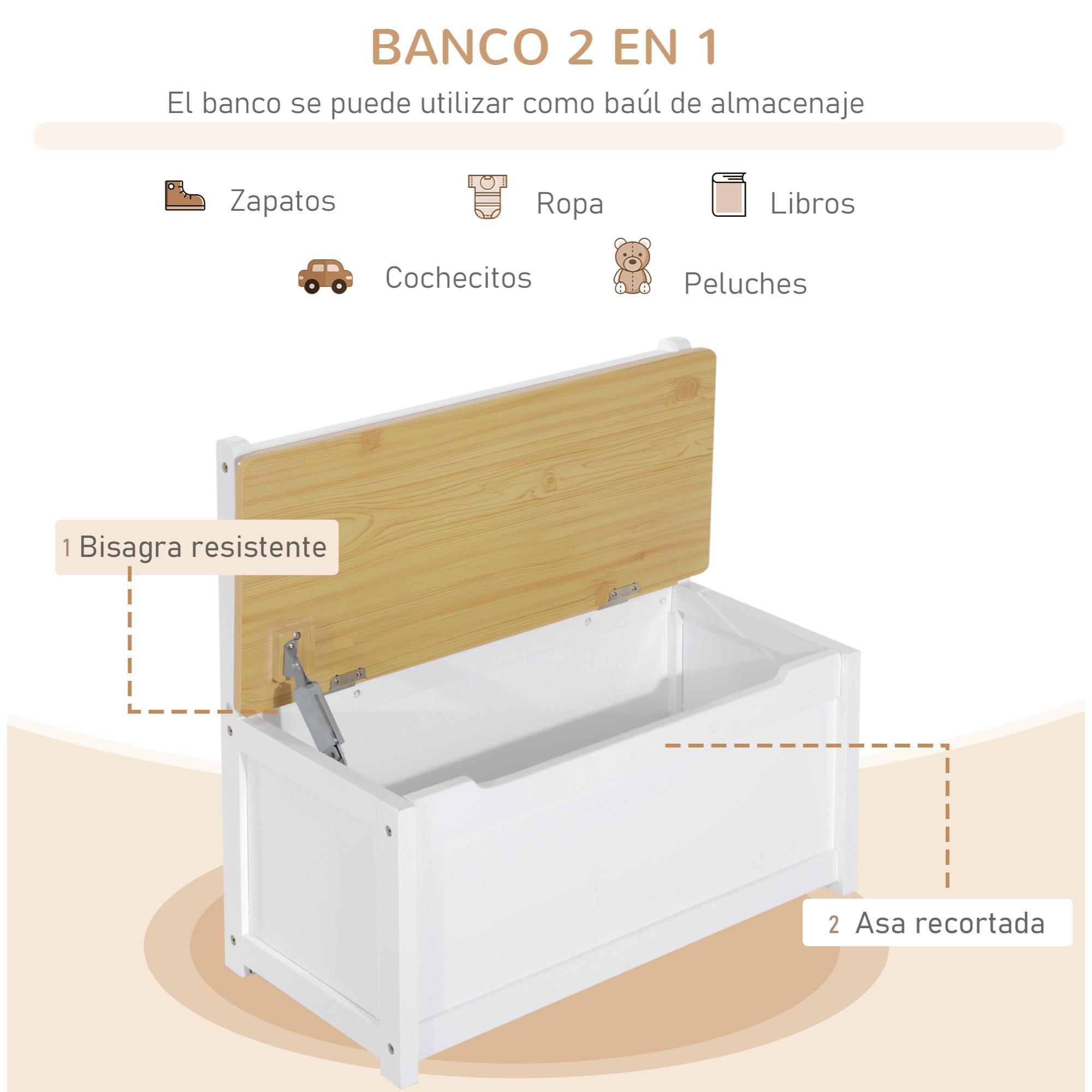 Conjunto de Mesa 2 Sillas y Banco para Niños de Madera con Espacio de Almacenamiento Muebles Infantiles para Sala de Juegos Habitación de Niños Blanco y Natural