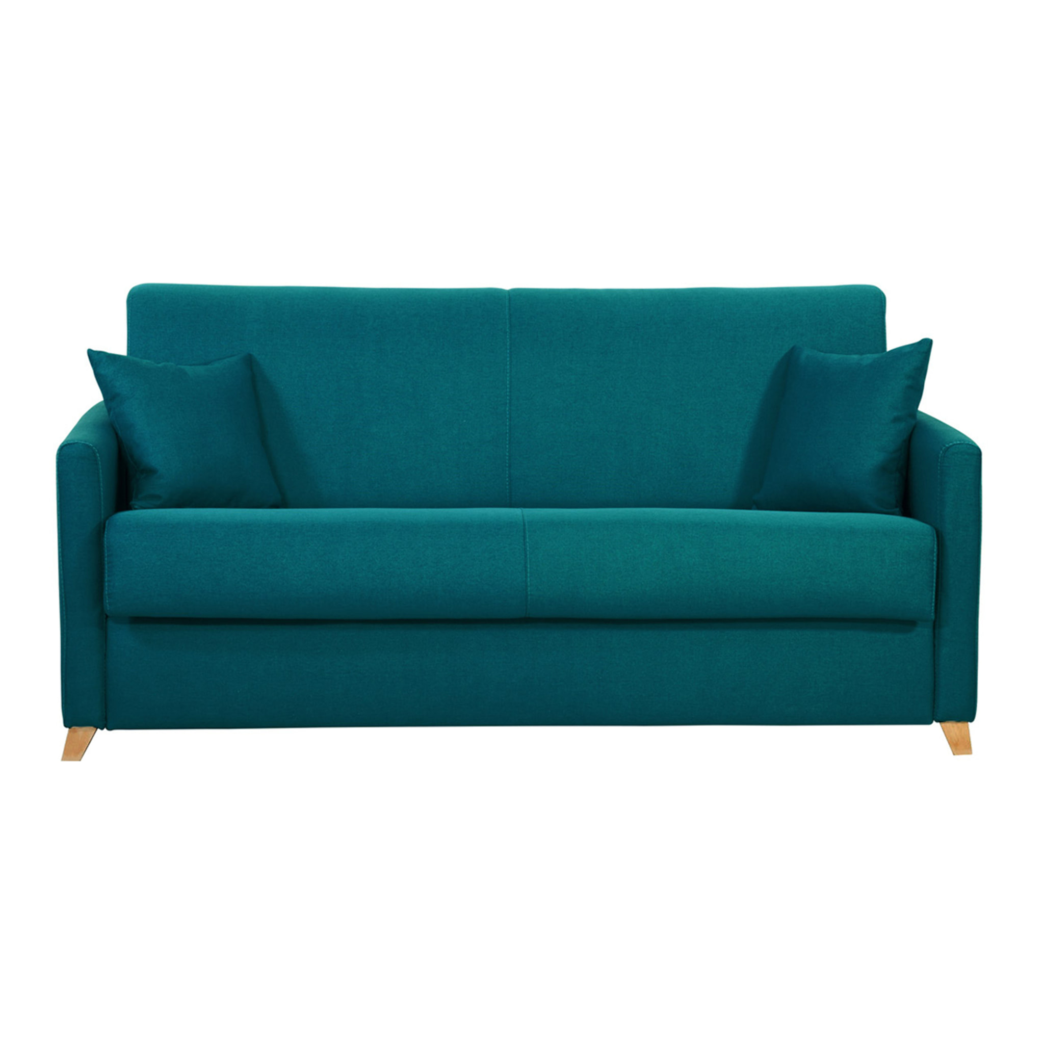 Canapé convertible 3 places en tissu bleu canard et bois clair avec matelas 18 cm SKANDY