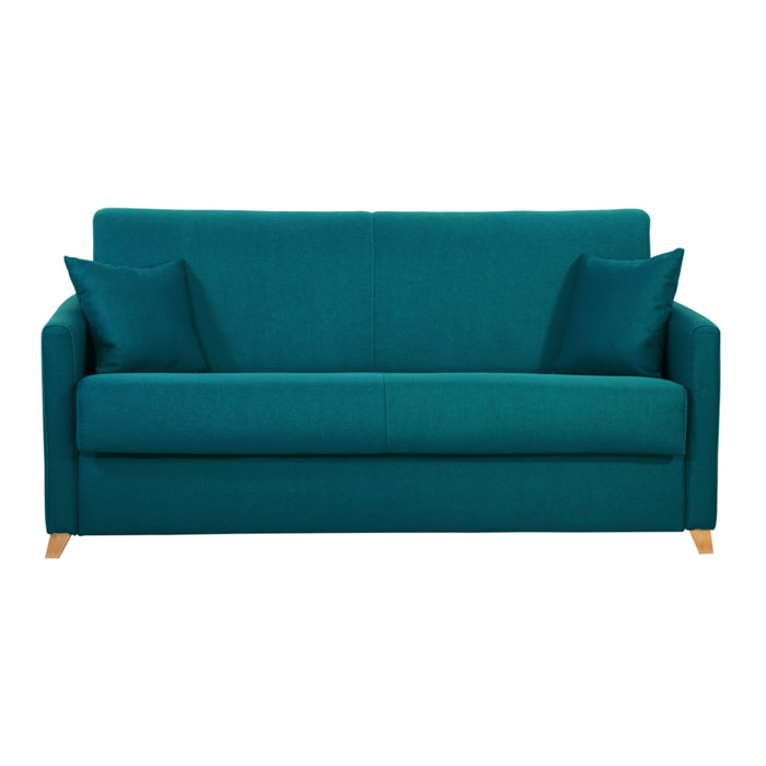 Canapé convertible 3 places en tissu bleu canard et bois clair avec matelas 18 cm SKANDY