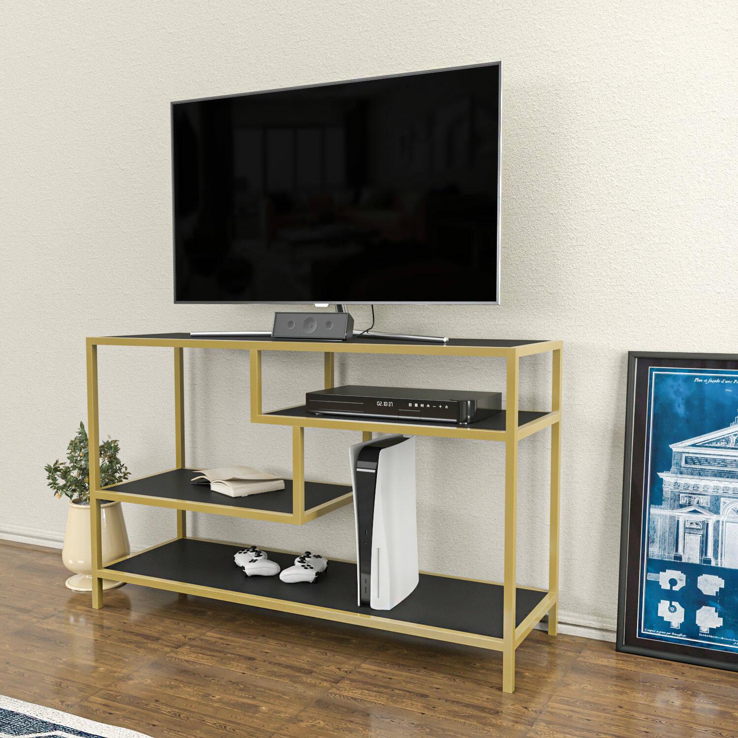 Mobile porta TV Dplizzar, Credenza da soggiorno, Armadio basso per TV, Base parete attrezzata, 120x39h75 cm, Oro e Antracite