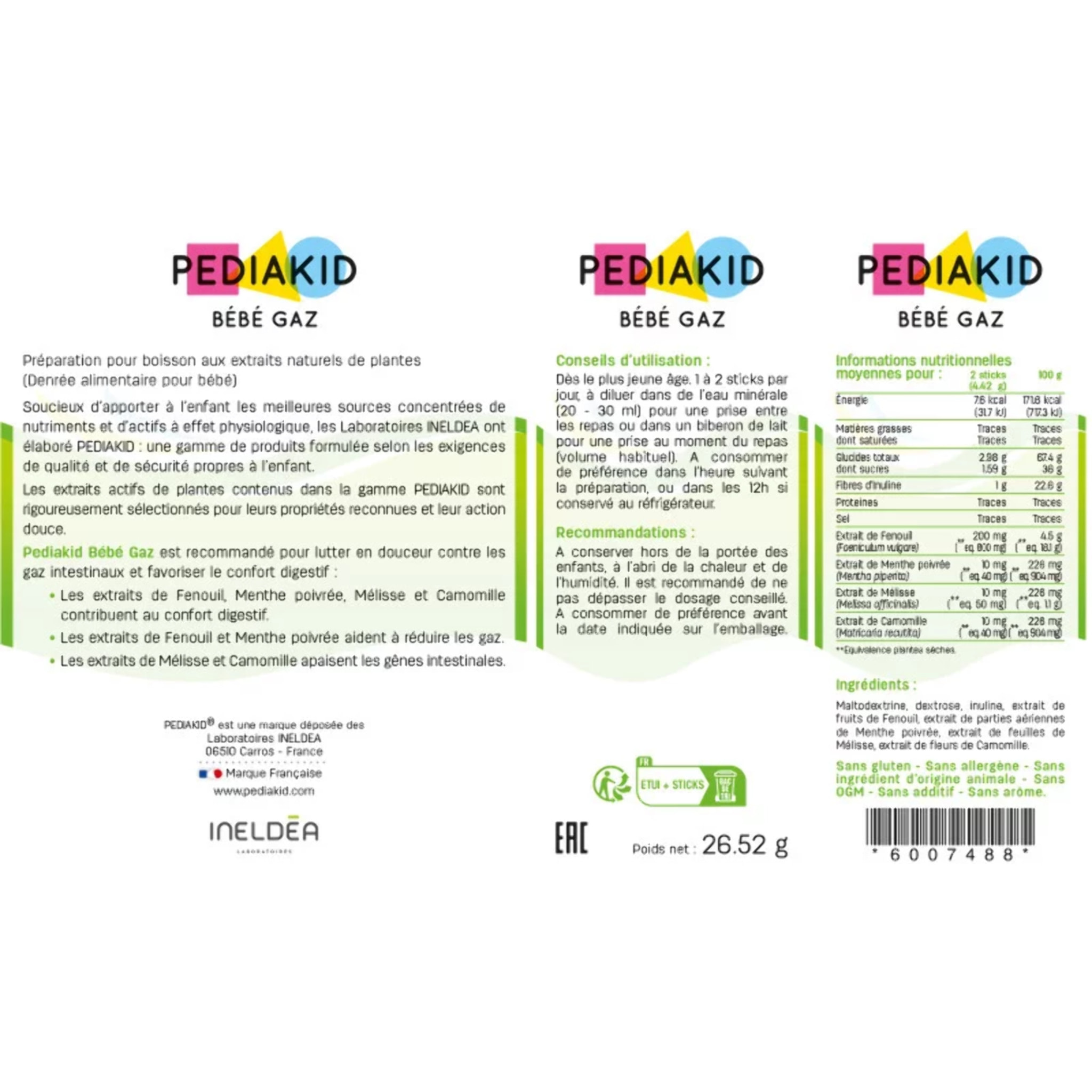 PEDIAKID - Bébé Gaz - Aux extraits de plantes & fibres - Aide à réduire les gaz et à améliorer le confort digestif - Dès la naissance - Étui de 12 sticks de Poudre à Diluer