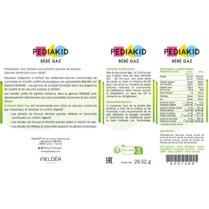 PEDIAKID - Bébé Gaz - Aux extraits de plantes & fibres - Aide à réduire les gaz et à améliorer le confort digestif - Dès la naissance - Étui de 12 sticks de Poudre à Diluer