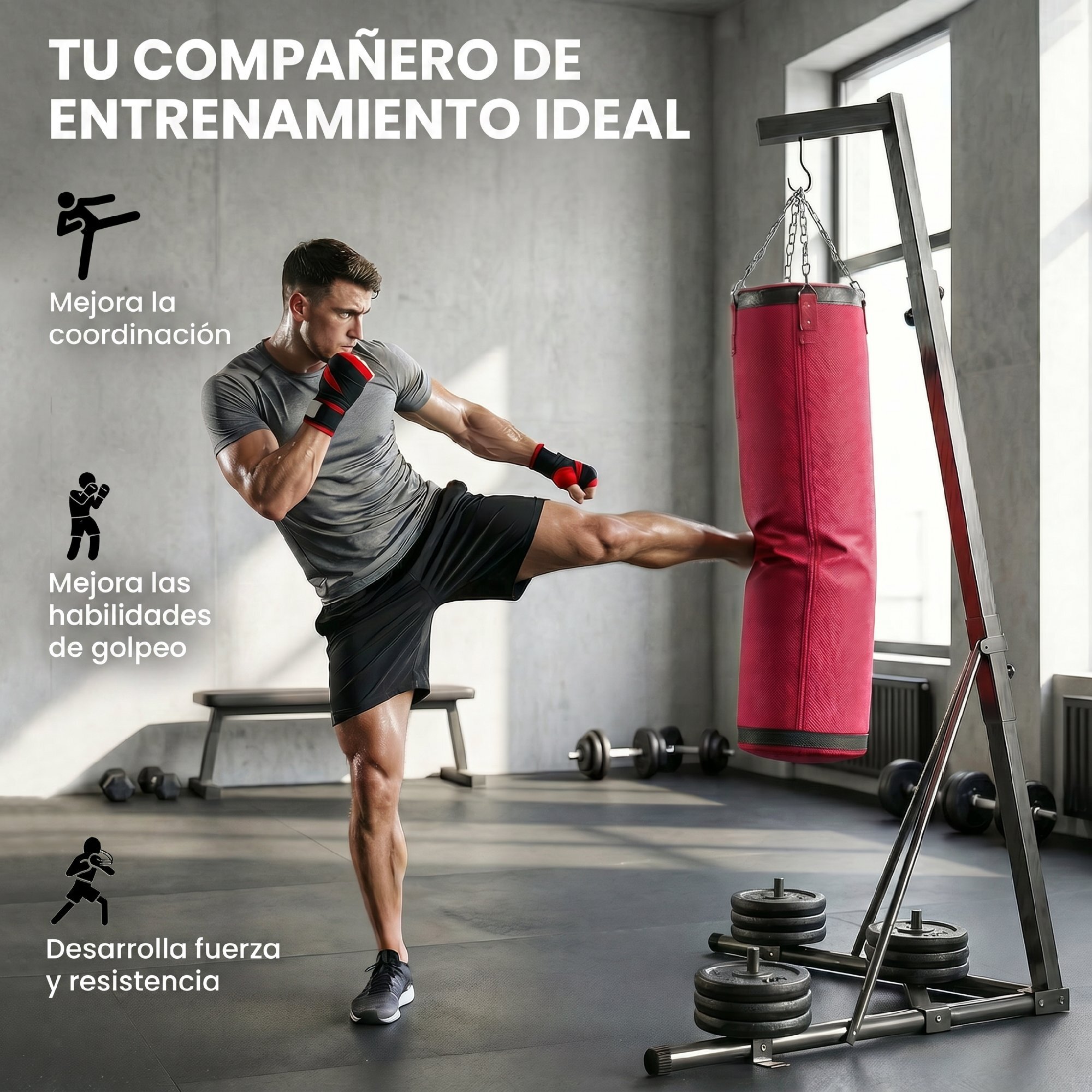 Soporte para Saco de Boxeo de Pie de Acero, Soporte para Bolsa de Boxeo con Altura Ajustable 175–220 cm y 185–231 cm, Base Pesada y Bolsa de Arena, Entrenamiento para MMA, Gimnasio en Casa