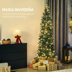 Árbol de Navidad Estrecho 210 cm, Árbol de Navidad con Luces LED, 8 Modos de Iluminación, Ramas con Purpurina Plateada, Piñas, Bayas y Soporte Metálico, Verde