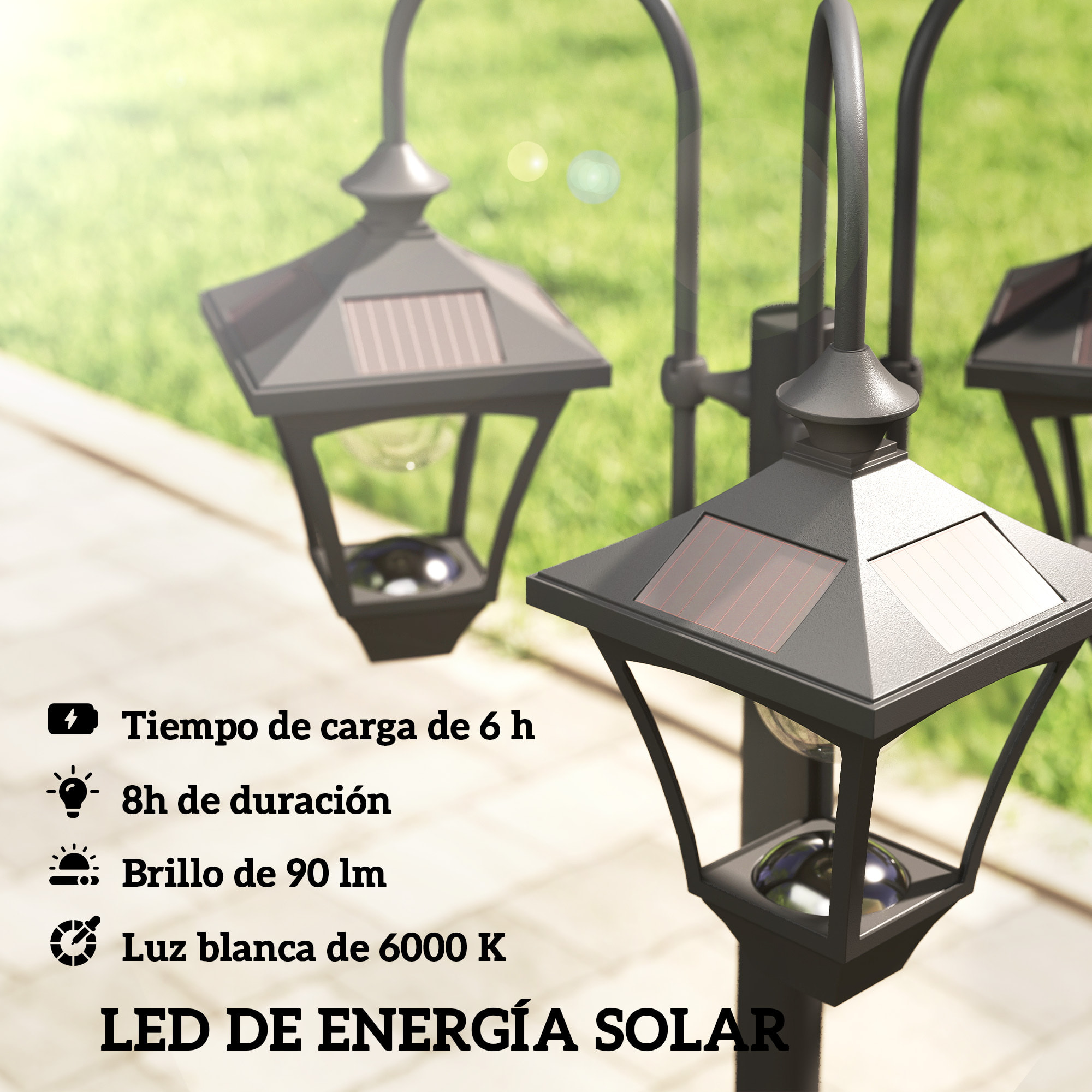 Farola Solar Exterior de Jardín con Macetero 3 Cabezales Impermeable IP44 Encendido/Apagado Automático y Altura Ajustable Luz Solar de Exterior LED para Terraza Patio 52x52x185 cm Negro