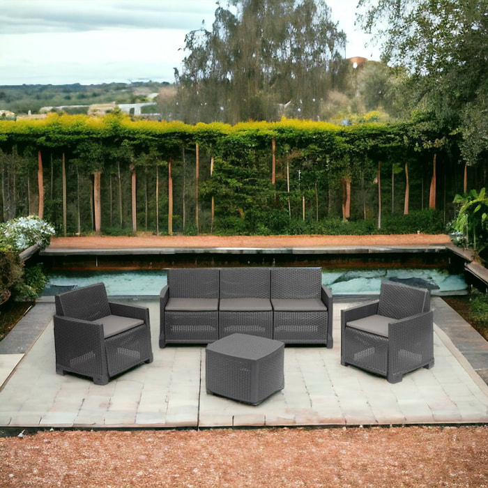 Set salotto da esterno Akay, Composizione da giardino con 2 poltrone, 1 divano e 1 tavolino contenitore, Effetto rattan con cuscini, 100% Made in Italy, Antracite