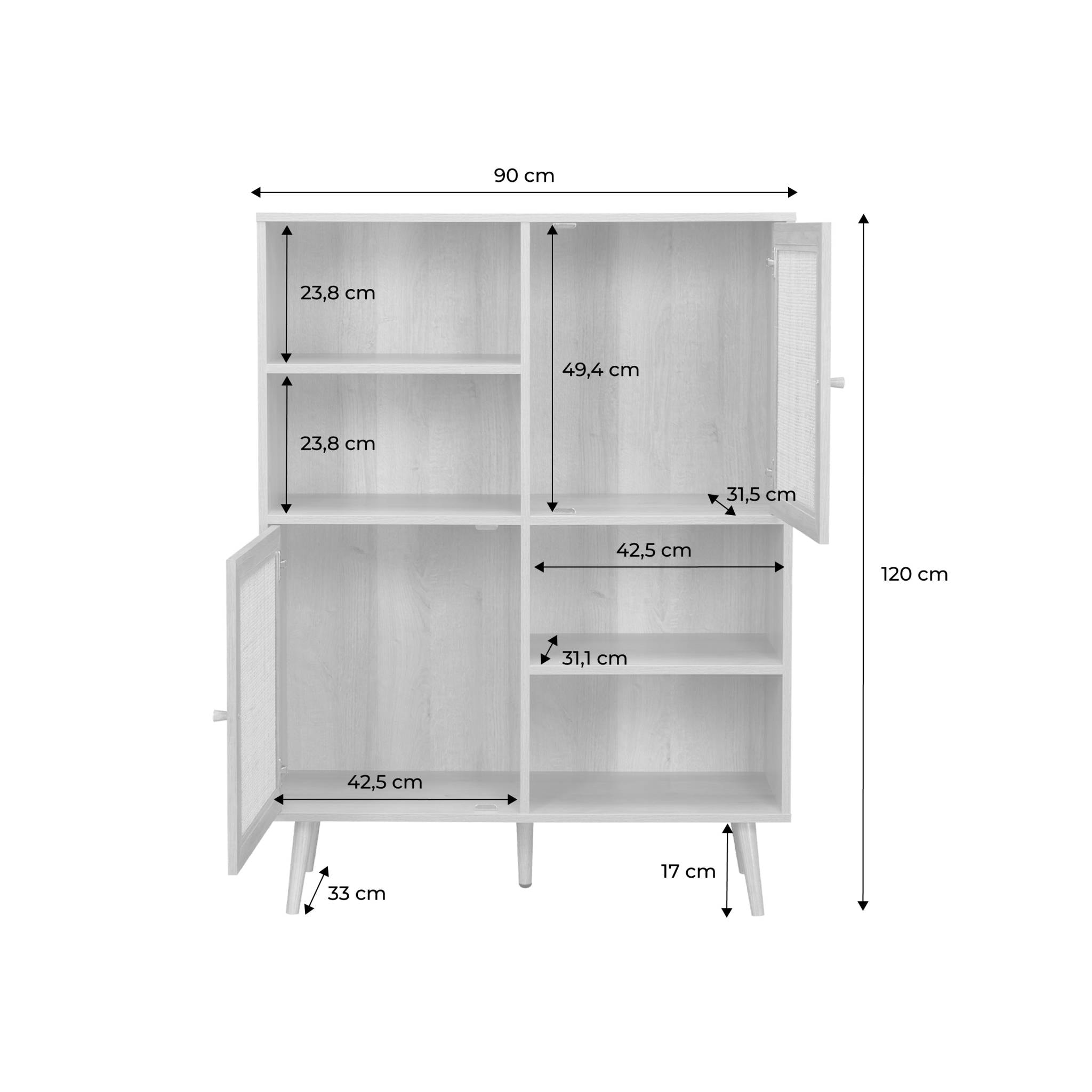 Buffet de rangement cannage et effet bois. buffet haut. vaisselier. 2 portes et 2 étagères style bohème 90cm