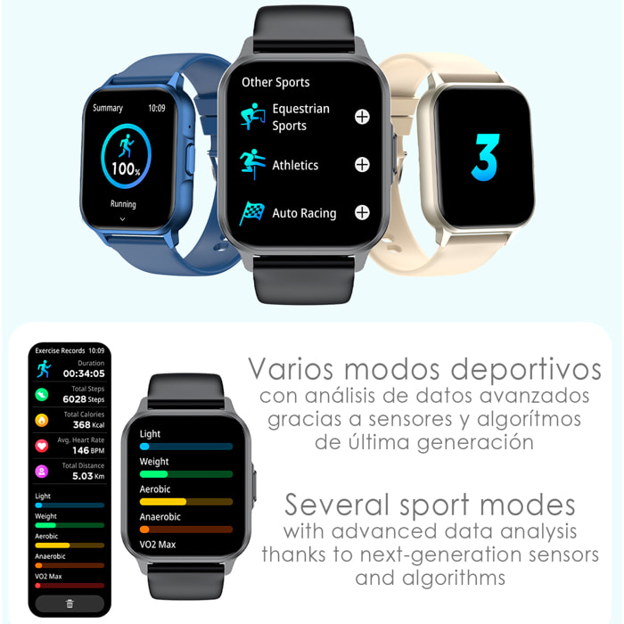 Smartwatch ZW36 con notificaciones de Apps, varios modos deportivos. Monitor de tensión y oxígeno, termómetro.