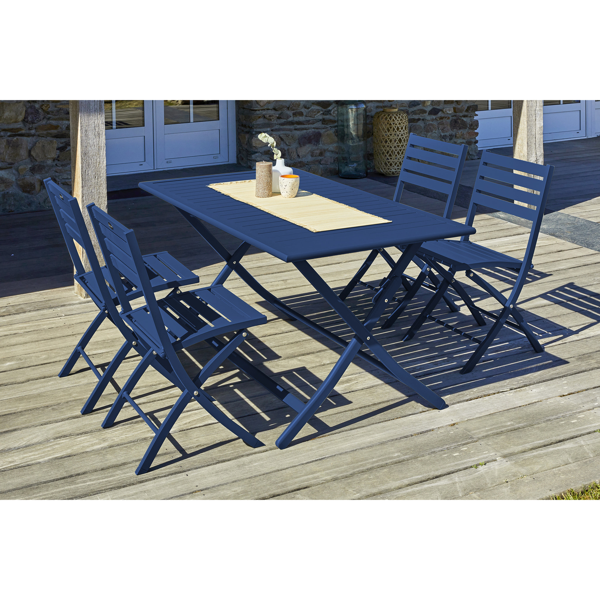 MARIUS - Ensemble repas de jardin 4 places en aluminium bleu marine