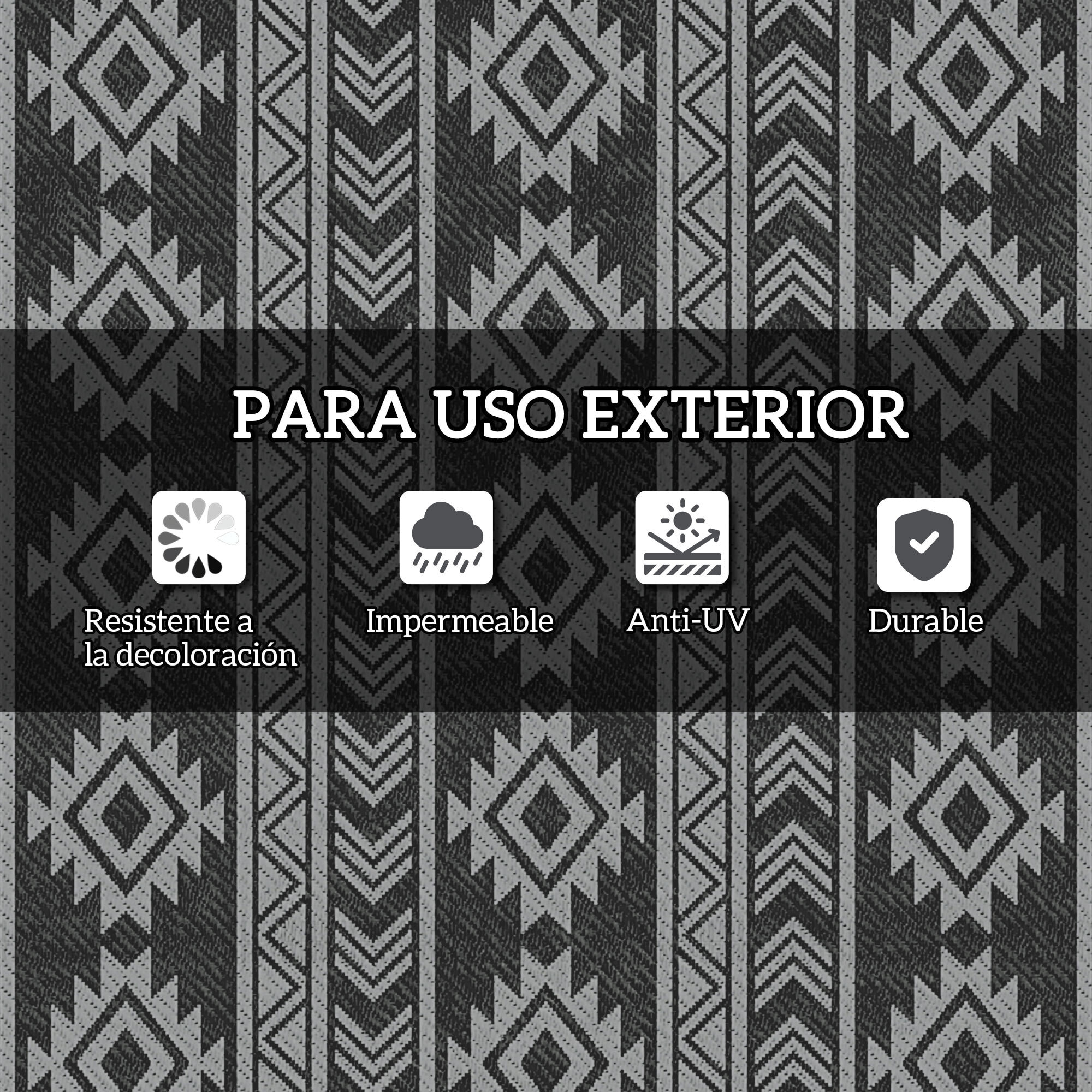 Alfombra de Exterior, 182x274 cm, Alfombra Reversible con Patrón Geométrico, Impermeable, Anti-UV, para Terraza, Balcón, Patio, Camping, Viajes en Autocaravana, Negro y Gris Claro