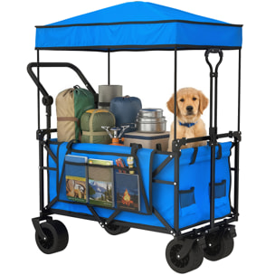 Carro Playa con Ruedas Grandes con Freno, Techo Extraíble, Carro Plegable para Jardín con Barra Ajustable, Portavasos y Bolsillos, Carga 100 kg, para Todo Terreno, Campaña, Compras, Azul
