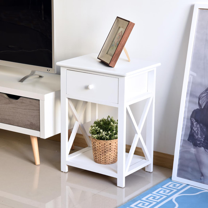 Table de chevet table de nuit style cosy avec croix latérales tiroir et étagère bois et MDF blanc