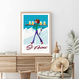 Poster retro chope à st anton Affiche + cadre en bois - Chêne