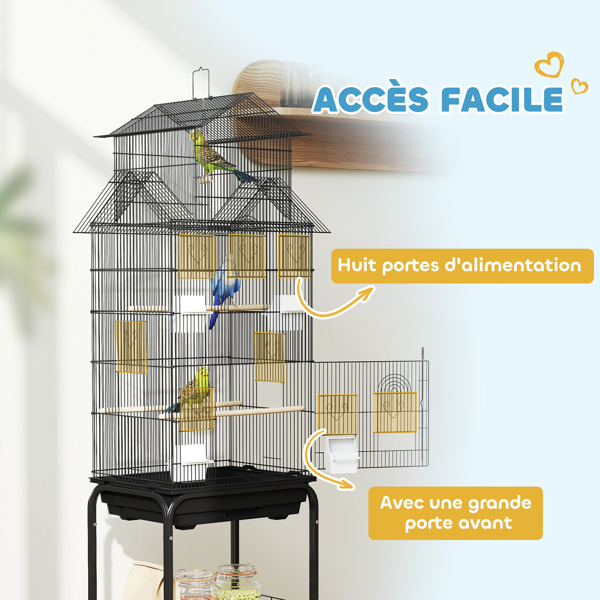 Cage à oiseaux design maison sur roulettes mangeoires perchoirs balançoire grande porte 8 trappes plateau déjection
