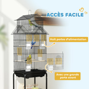 Cage à oiseaux design maison sur roulettes mangeoires perchoirs balançoire grande porte 8 trappes plateau déjection