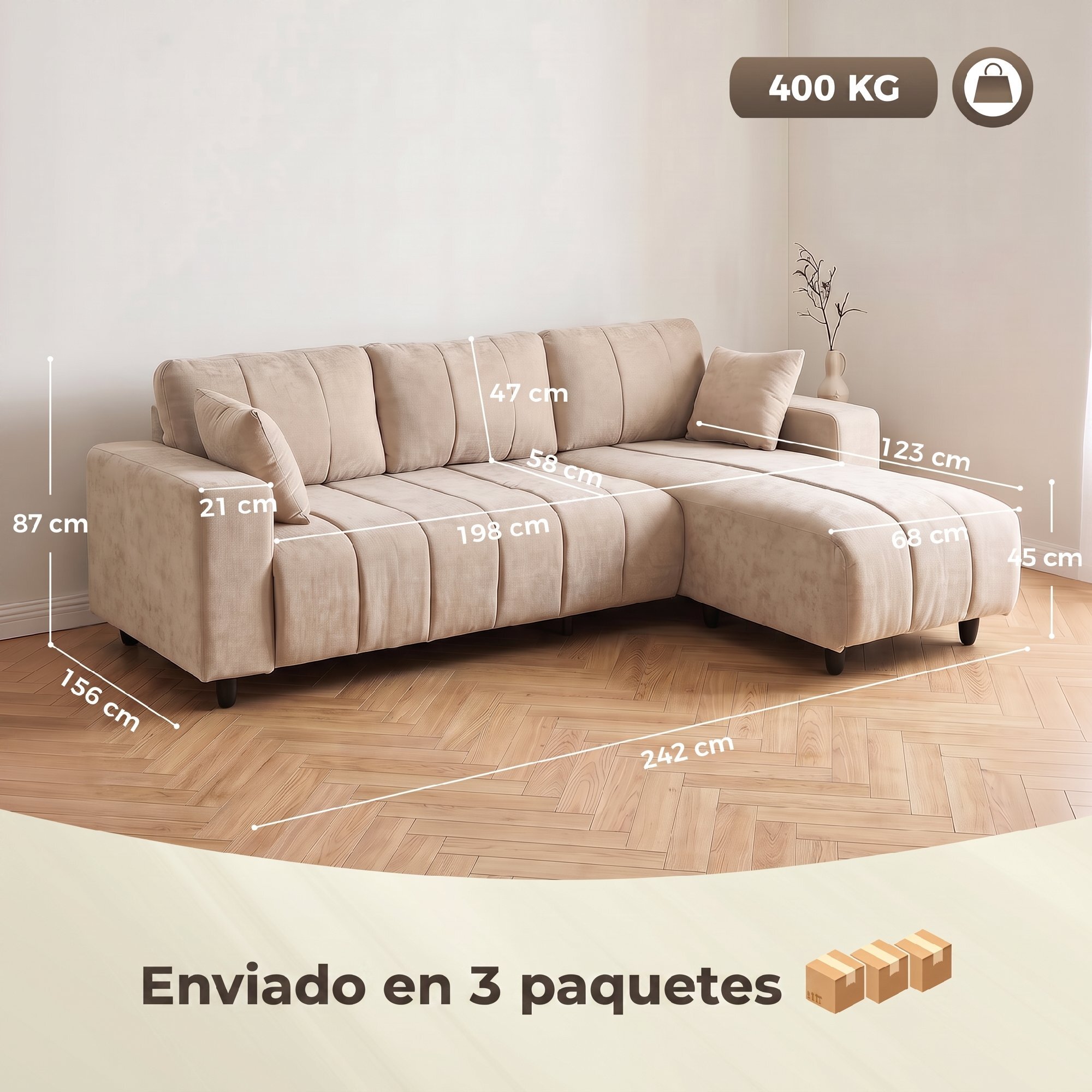 Sofá Chaise Longue Reversible, Sofá Esquinero en Forma de L de 4 Plazas, 2 Almohadas, Tapizado en Lino, Marco de Acero, para Salón, 242x156x87 cm, Beige