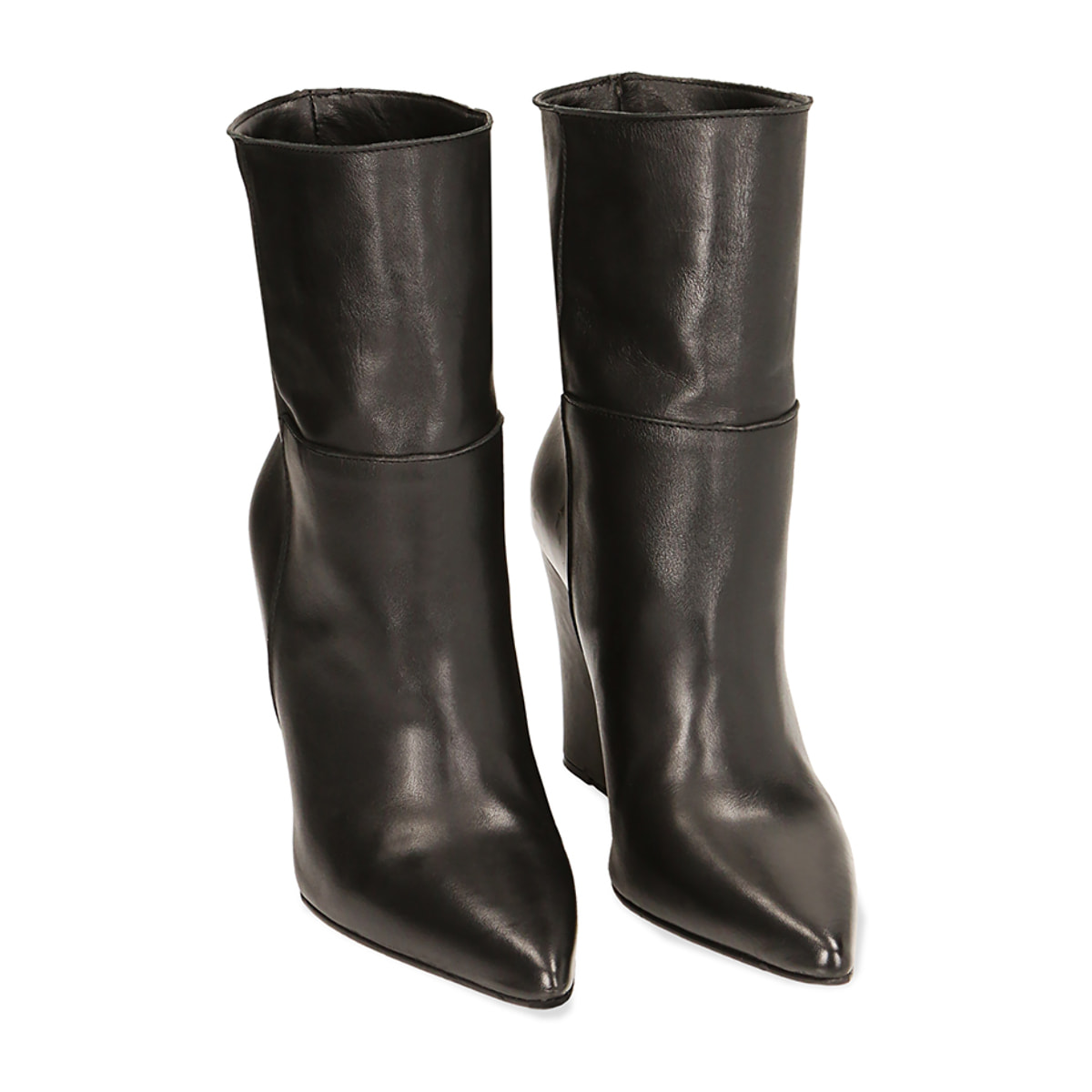 Botines de cuero negro hasta el tobillo, tacón de cuña 9,5 cm