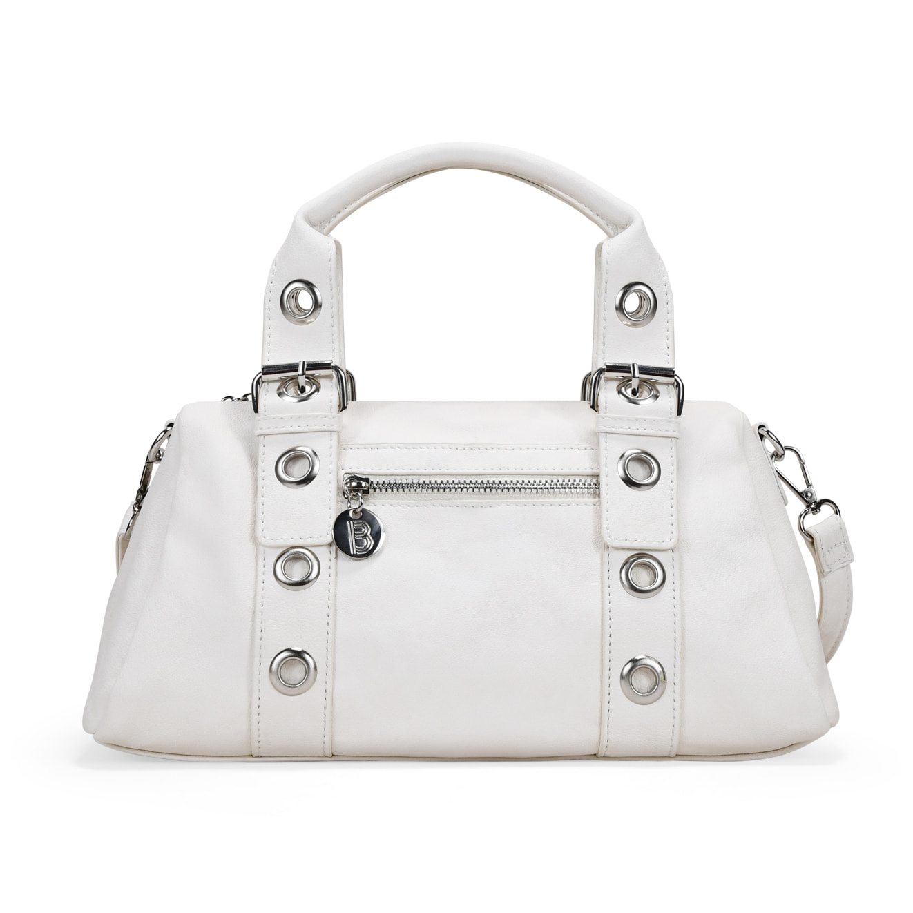 Bolso de mano blanco con hebillas y tachuelas redondas