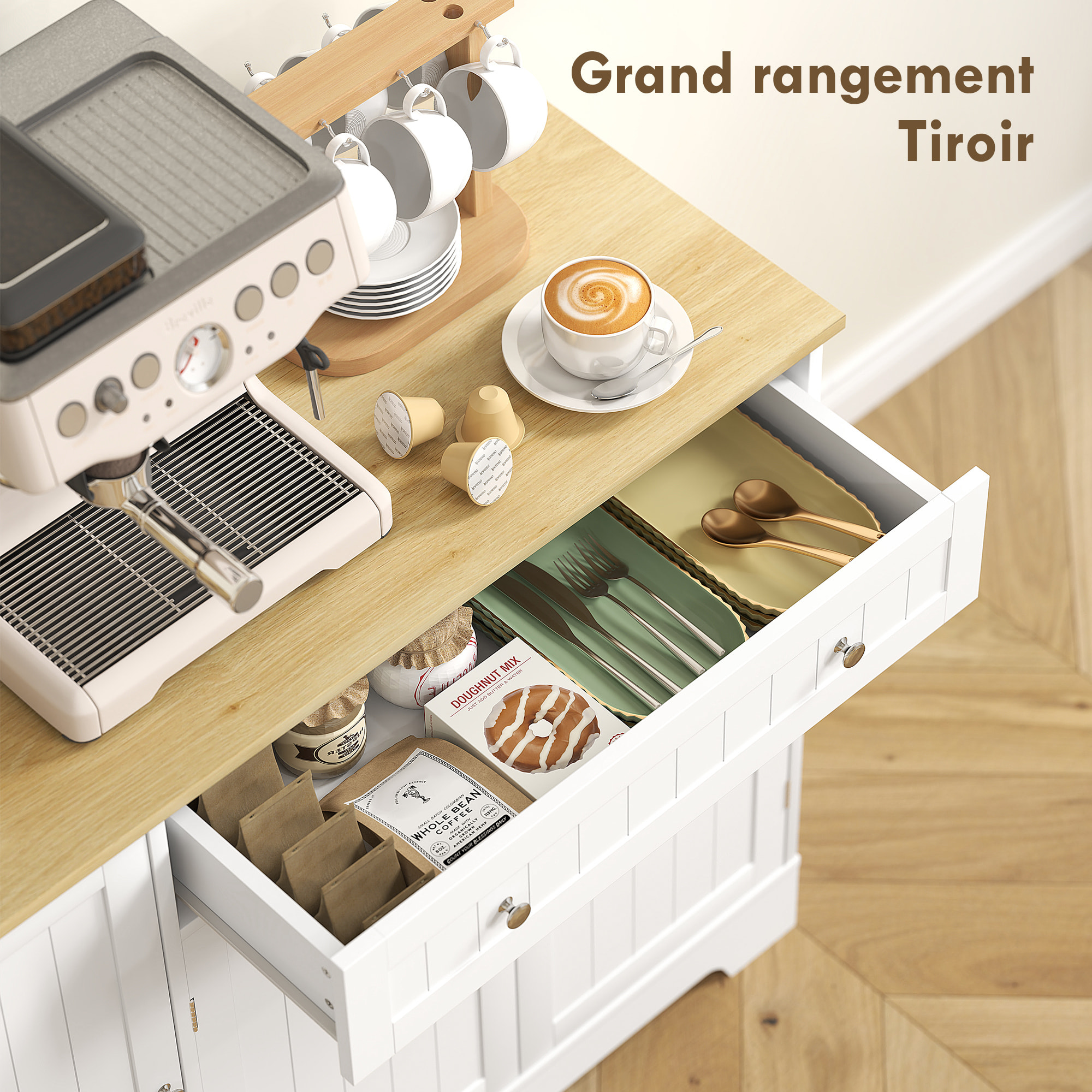 Buffet cuisine 3 portes 6 étagères tiroir coulissant dim. 105 x 40 x 83 cm effet bois blanc