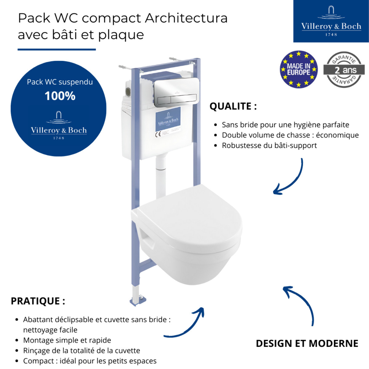 Pack WC sans bride compact Architectura abattant frein de chute + bâti-support Viconnect PRO + plaque chromé