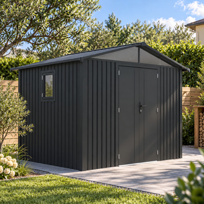 Abri de jardin métal gris anthracite 5.71 m² + kit d'ancrage