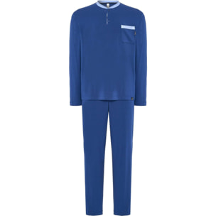 Pijama hombre suave tejido, escote con abertura de botones, manga larga y pantalón largo de corte regular con bolsillos laterales