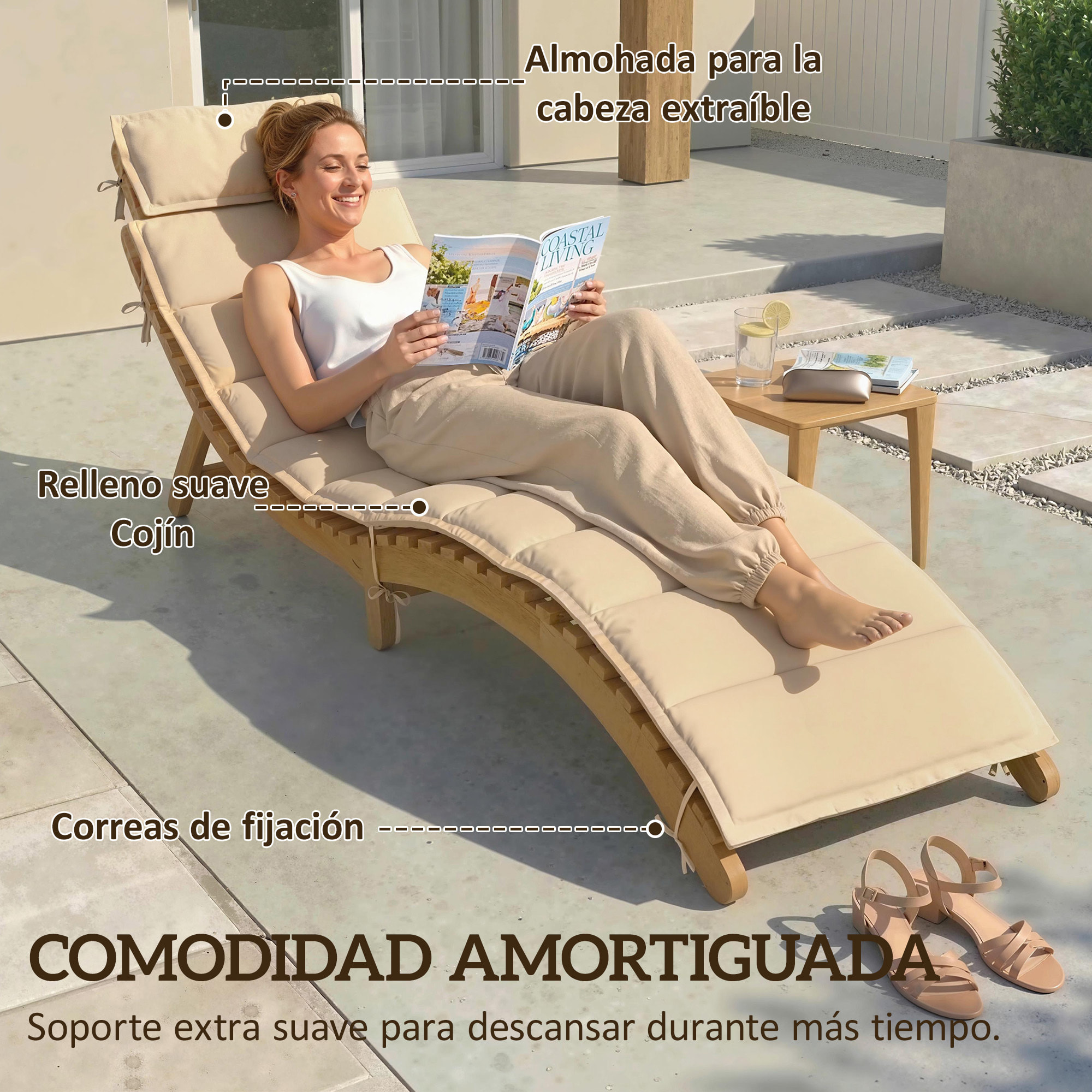 Tumbona Plegable de Madera de Acacia con Cojín y Reposacabezas, Tumbona Jardín Exterior con Asa de Transporte, Carga 120 kg, para Patio, Terraza, Piscina, 183x54x63 cm, Beige