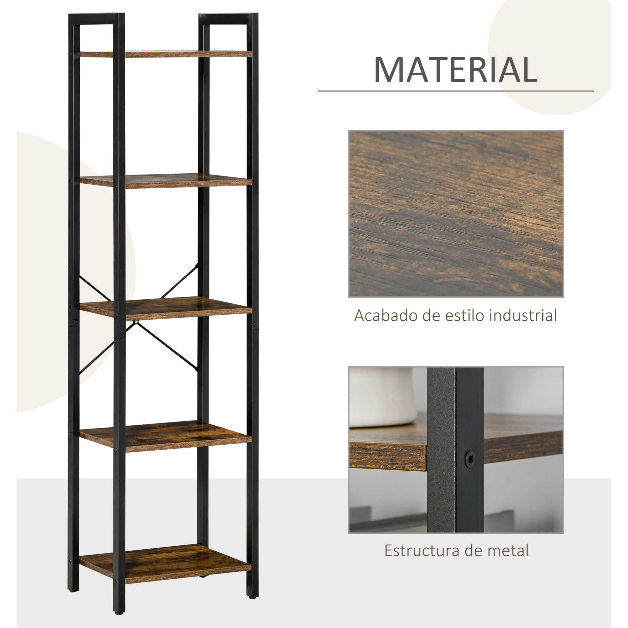 HOMCOM Estantería Industrial de 5 Niveles Estantería Librería de Almacenaje con Marco de Acero para Sala de Estar Oficina Cocina Dormitorio 40x30x154 cm Marrón Rústico