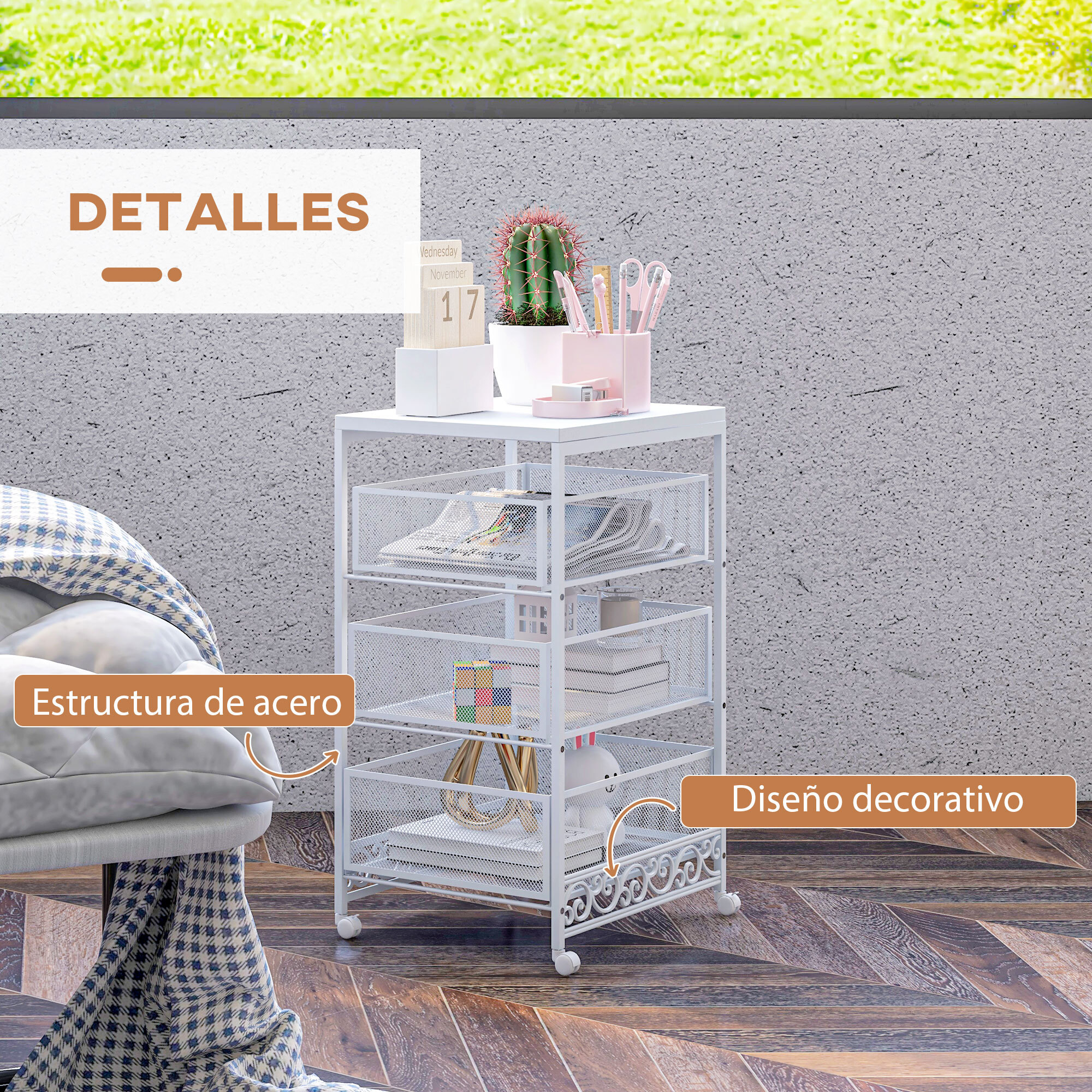 Carrito Auxiliar con Ruedas Carrito de Almacenamiento de 3 Niveles con 3 Cesta de Almacenamiento para Salón Comedor Cocina Baño 34x29,5x57,5 cm Blanco