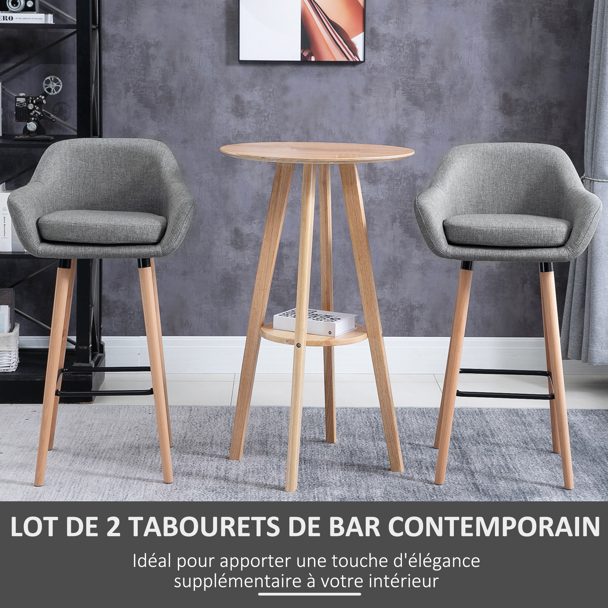 Lot de 2 tabourets de bar style scandinave repose-pieds et accoudoirs