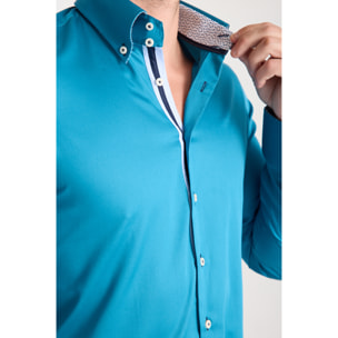 Camicia Uomo 2 Bottoni Button Down Slim Satin Unito Verde Ottanio