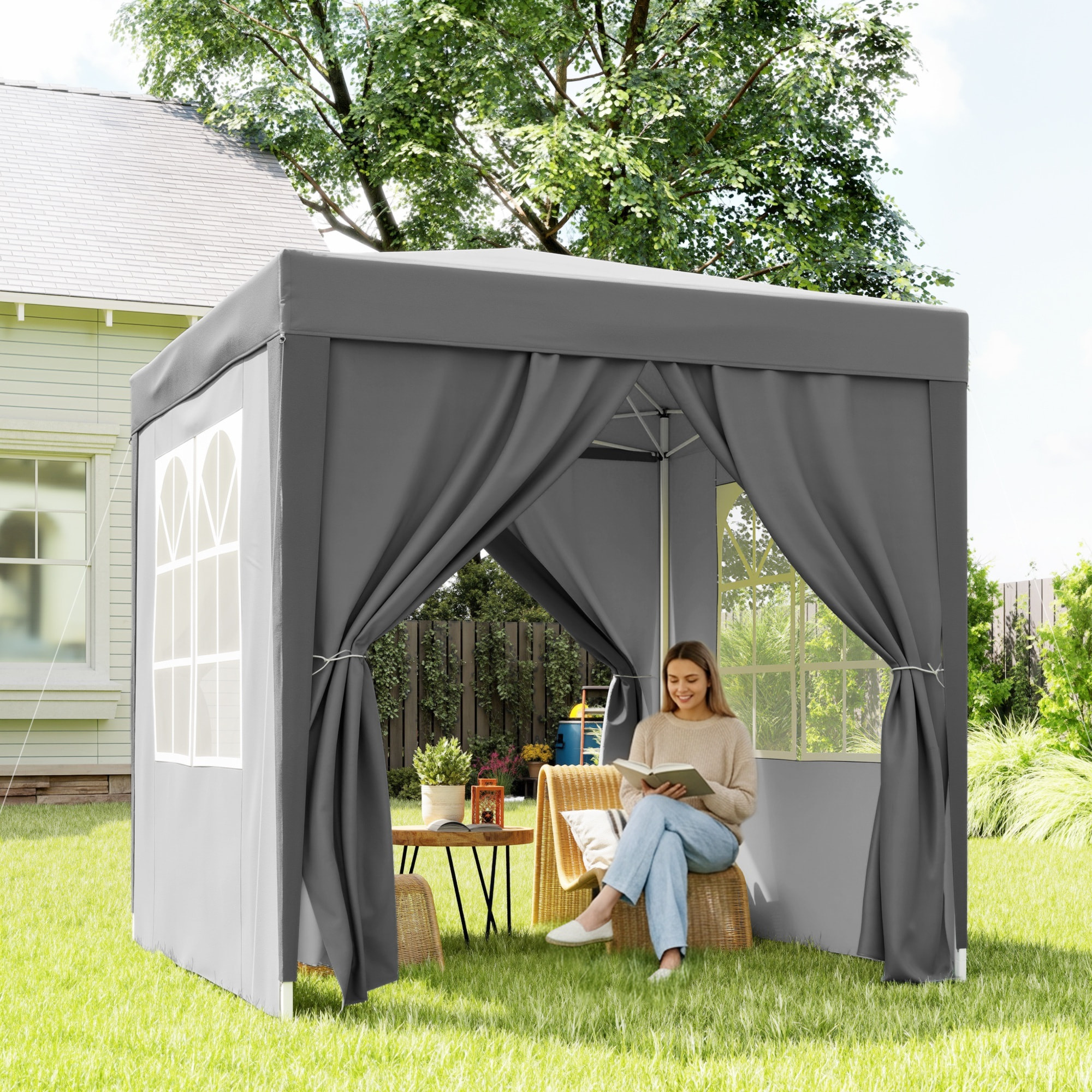 Carpa Plegable Pop-up Gazebo 2x2 m Cenador Plegable con 4 Paredes Laterales Anti-UV y Bolsa de Transporte para Camping Fiestas Gris