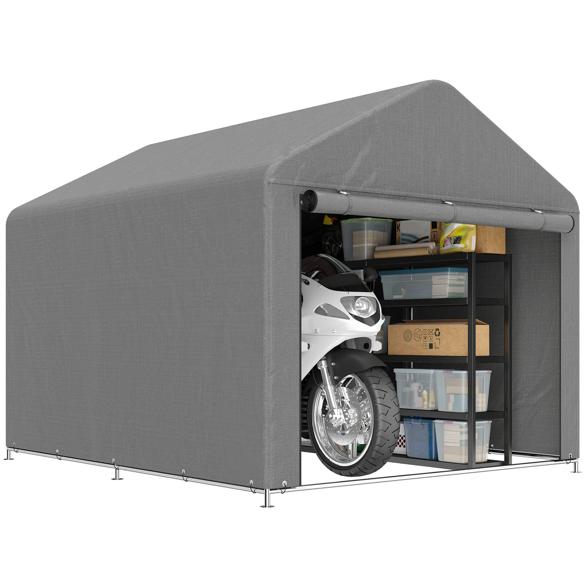 Carpa de Jardín Exterior para Herramientas, Bicicletas, 2,4x2x2 m, Cobertizo Exterior con Marco Metal Galvanizado, Puerta Enrollable con Cremallera, Impermeable, UV30+, Garaje Portátil, Gris