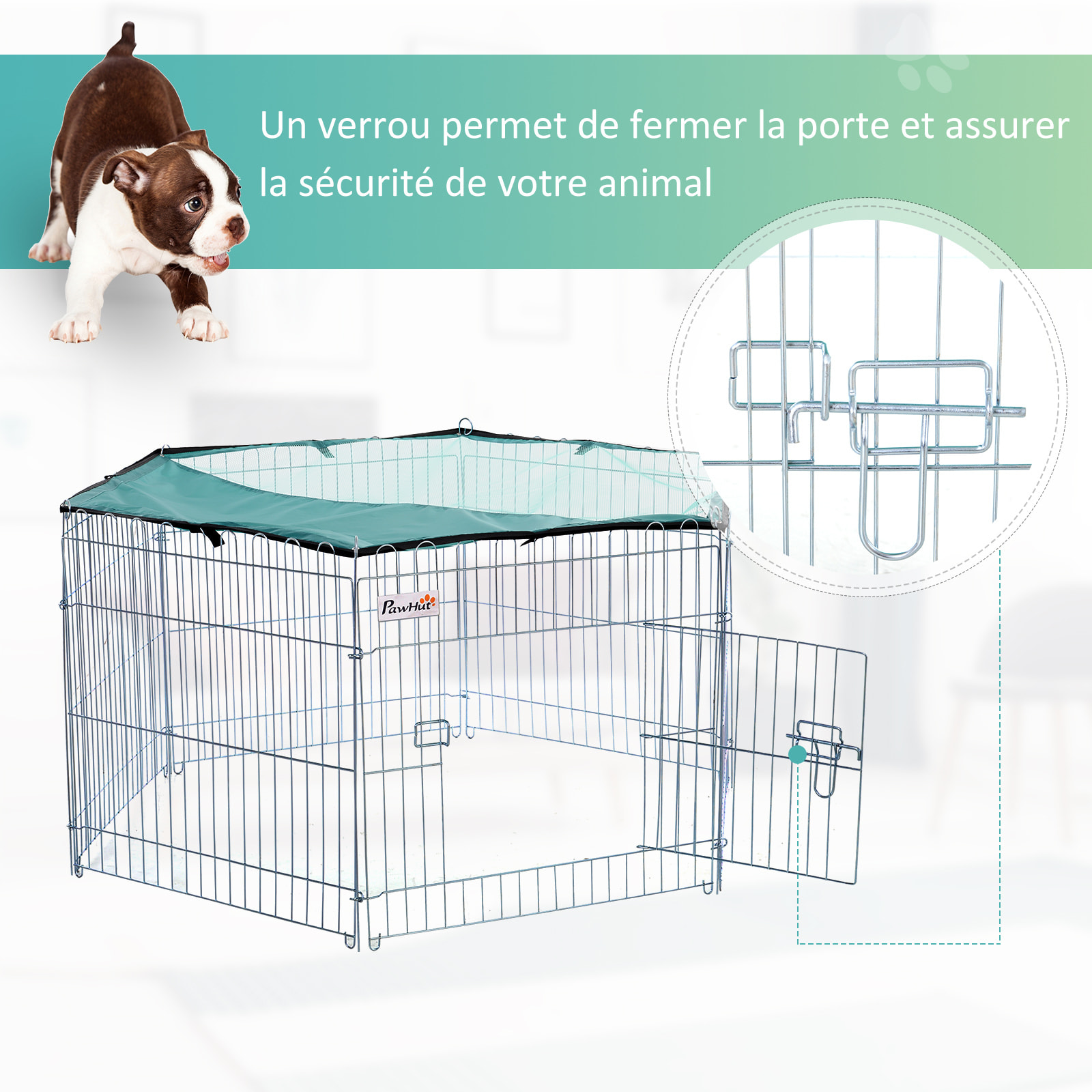 PawHut Parc enclos modulable Acier 6 Panneaux et 1 Porte pour Chiens Ø 120 x 60 cm Gris Métal vert