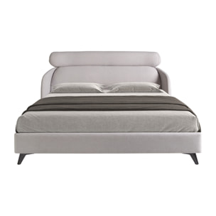 Cama Angel Cerdá de matrimonio con un cabecero y estructura en tela en gris claro y patas de acero inoxidable en epoxi negro 207x250x102cm