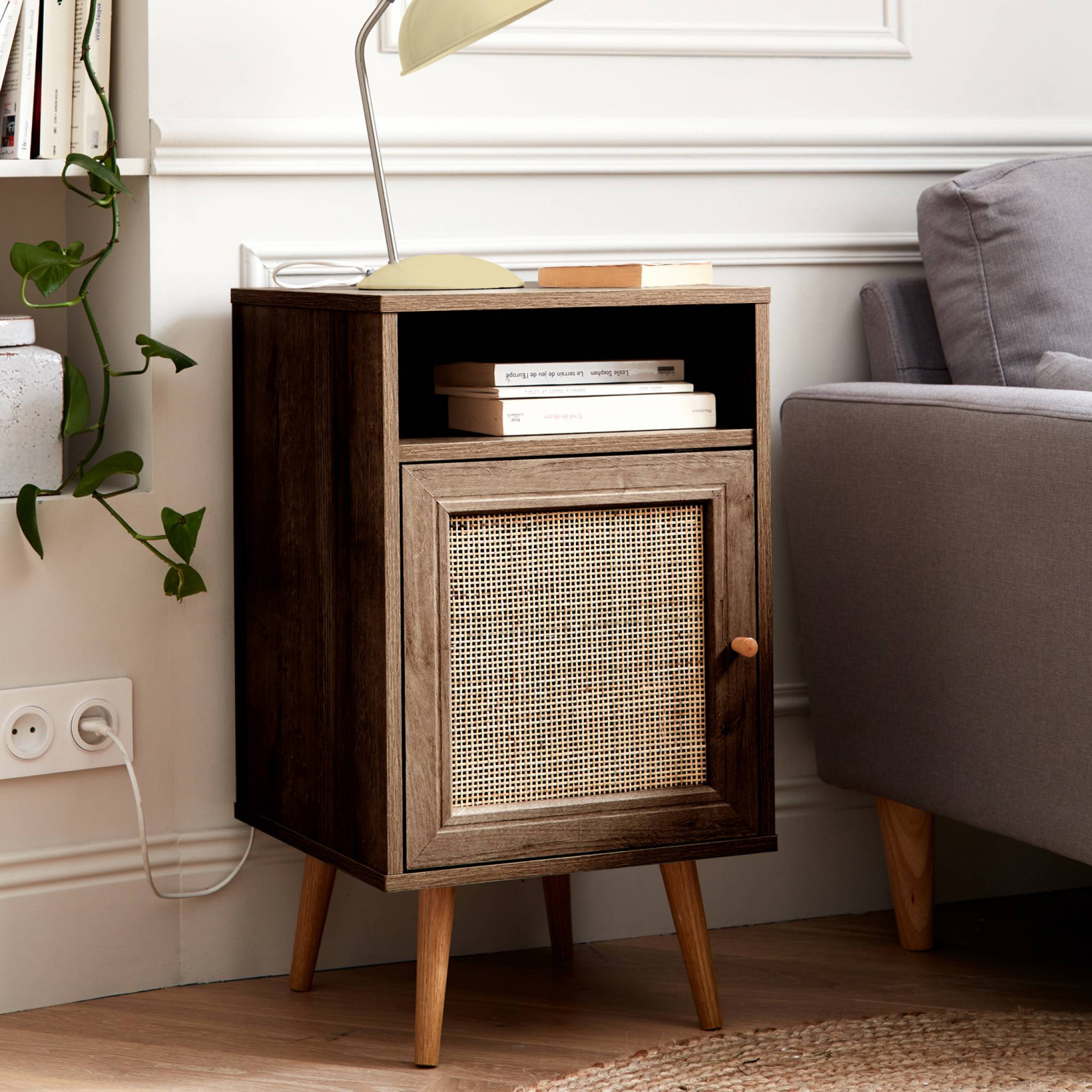 Table de chevet scandinave en cannage 1 porte BOHÈME