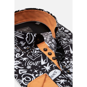 Camicia Uomo 1 Bottoni Button Down Slim Popeline Stretch Stampato Nero/Bianco