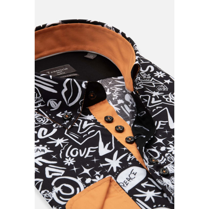 Camicia Uomo 1 Bottoni Button Down Slim Popeline Stretch Stampato Nero/Bianco