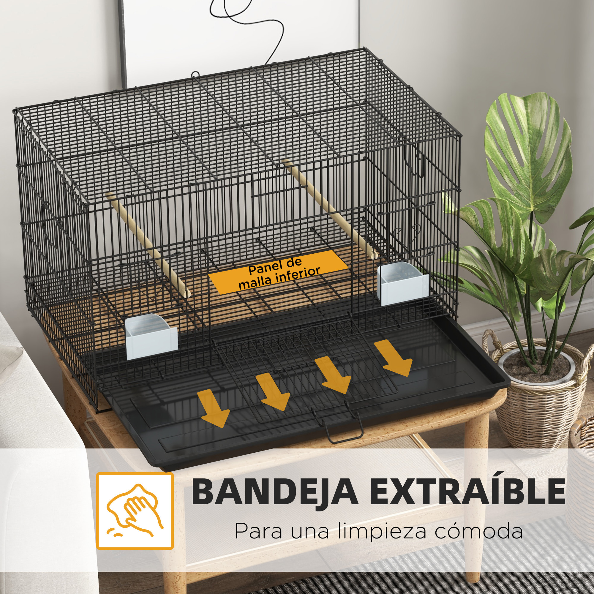 Jaula para Pájaros 77x46x45 cm Jaula Metálica para Aves con Bandeja Extraíble 2 Perchas 2 Comederos para Periquitos Canarios Negro