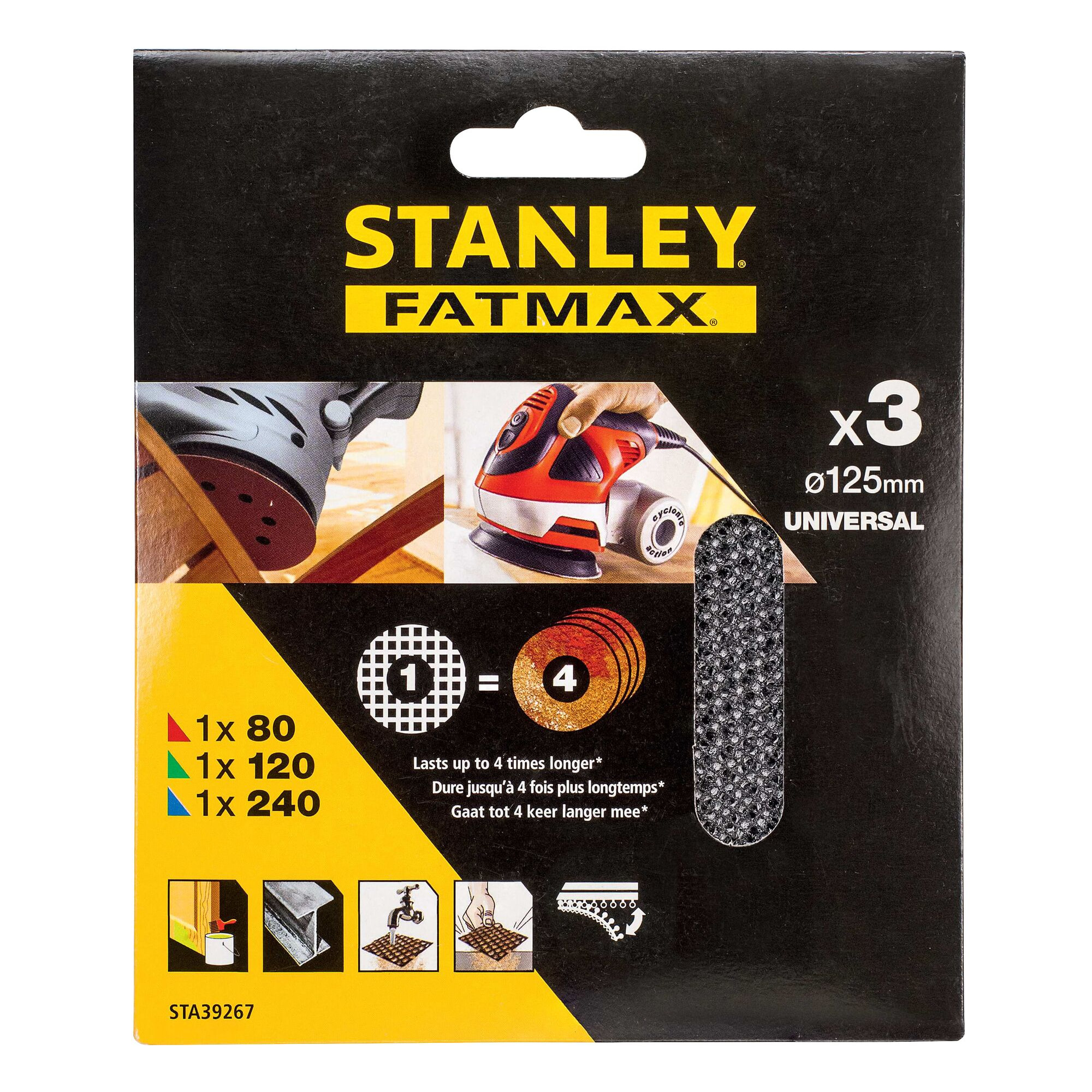 Stanley Assortiment de 3 abrasifs excentrique Ø 125mm maille auto-aggripants grains 80, 120 et 240