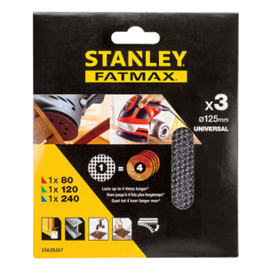 Stanley Assortiment de 3 abrasifs excentrique Ø 125mm maille auto-aggripants grains 80, 120 et 240