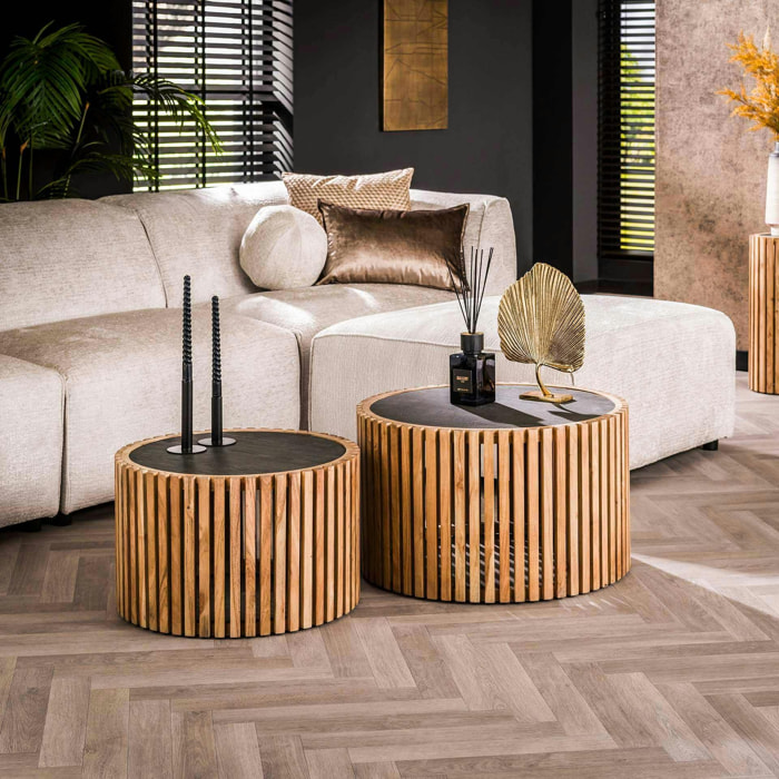 Table basse ronde bois d'acacia et ardoise (lot de 2) MELBOURNE