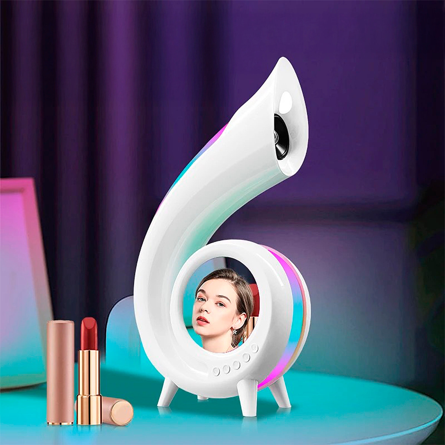 Altoparlante a conchiglia 6 in 1 con luce ambientale unica con 256 modalità e 16M di colori. Orologio, sveglie e specchio per il trucco. BT5.0 + TF.