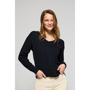 Maglione blu marino in filo con scollo a V e logo ricamato Rigby Go
