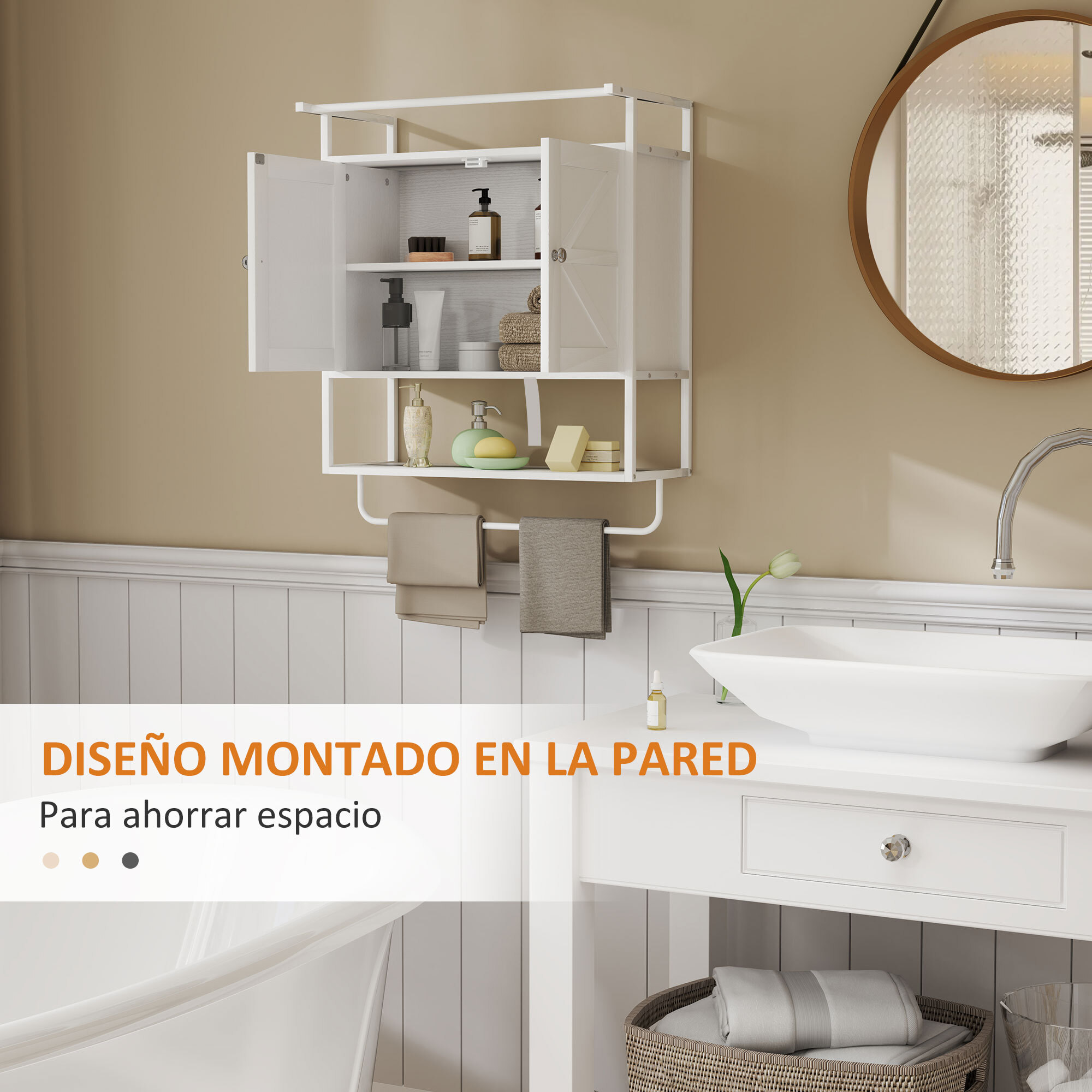 Armario de Pared para Baño Multiusos Mueble de Baño Suspendido Armario Colgante de Almacenamiento con 2 Puertas Estante Toallero 63x34x75 cm Blanco