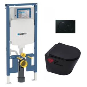 Pack WC sans bride Infinitio Noir mat + Abattant softclose slim + Bâti support Geberit Extra-plat UP720 + Plaque Noir brillante