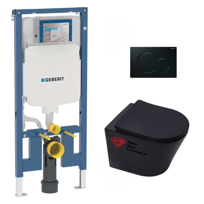 Pack WC sans bride Infinitio Noir mat + Abattant softclose slim + Bâti support Geberit Extra-plat UP720 + Plaque Noir brillante